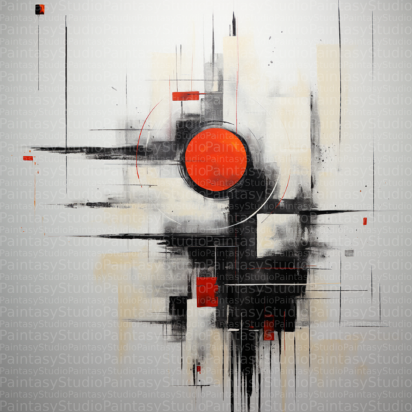 Arte Astratta Geometrica: Linee Nere e Cerchio Rosso