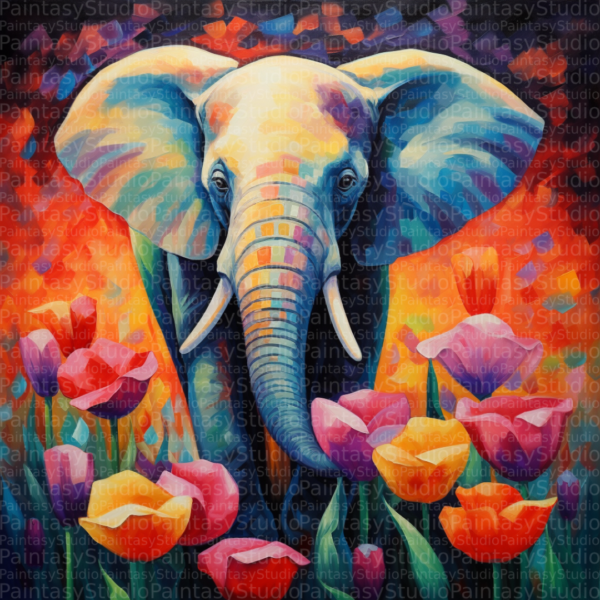 Elefante di Colore tra i Tulipani